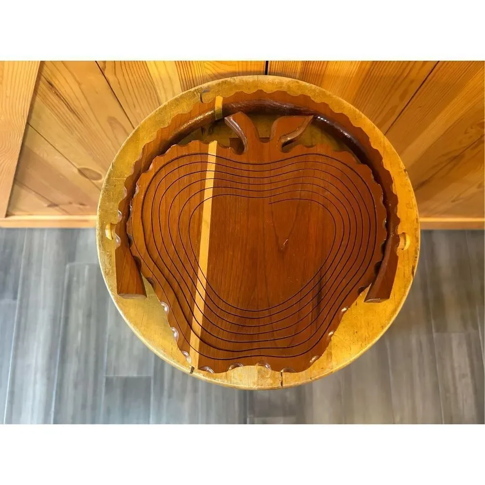Vintage Hand Carved Wooden Collapsible Apple Basket Bowl Holder (5123)